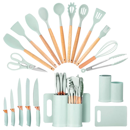 19pcs Silicone Kitchen Utensil Set, Heat-Resistant Non-Stick Easy Cooking Cleaning Home Light-Green