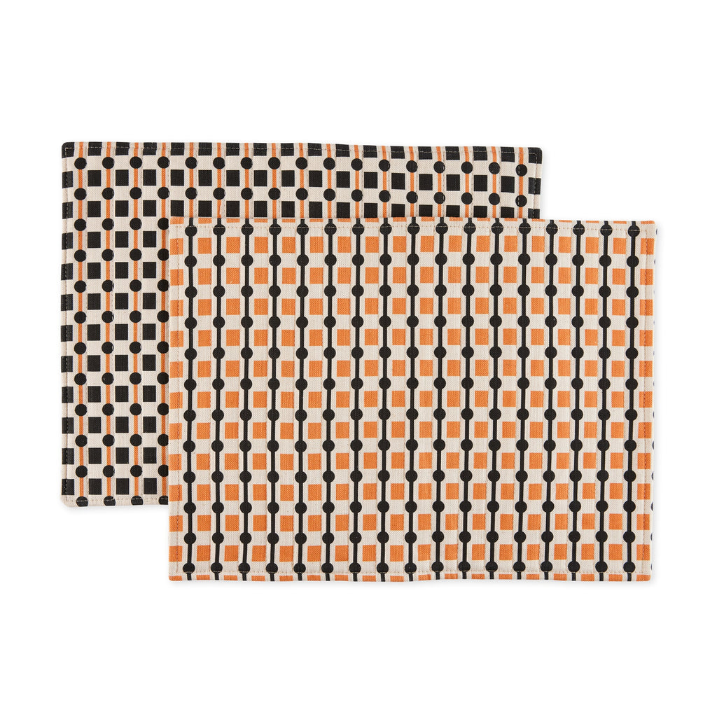 Geometric Cotton &amp; Linen Placemats - Set of 2 - Black/ Orange