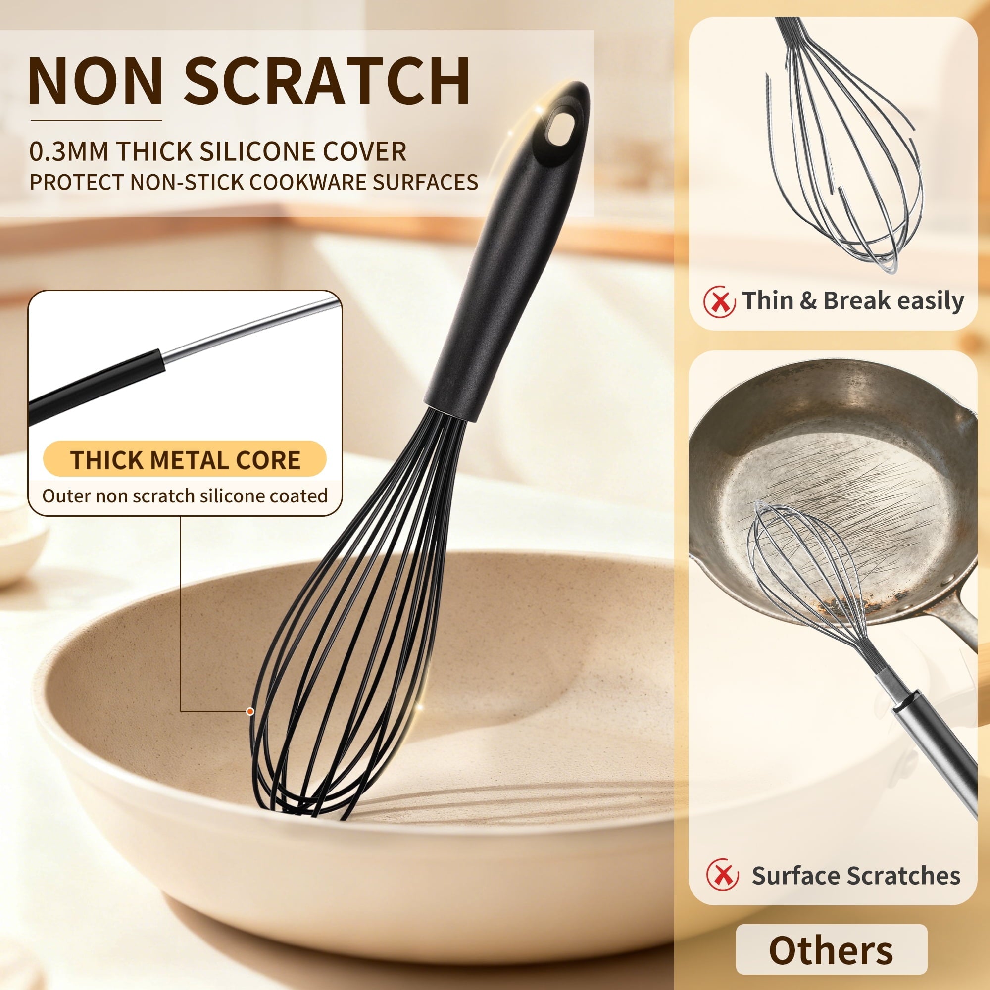 Silicone Wire Whisk, Egg Beater Set of 3, Non Scratch Stainless Steel Kitchen Whisks for Cooking, Blending, Beating, ...