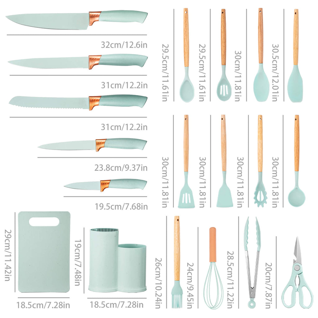 19pcs Silicone Kitchen Utensil Set, Heat-Resistant Non-Stick Easy Cooking Cleaning Home Light-Green