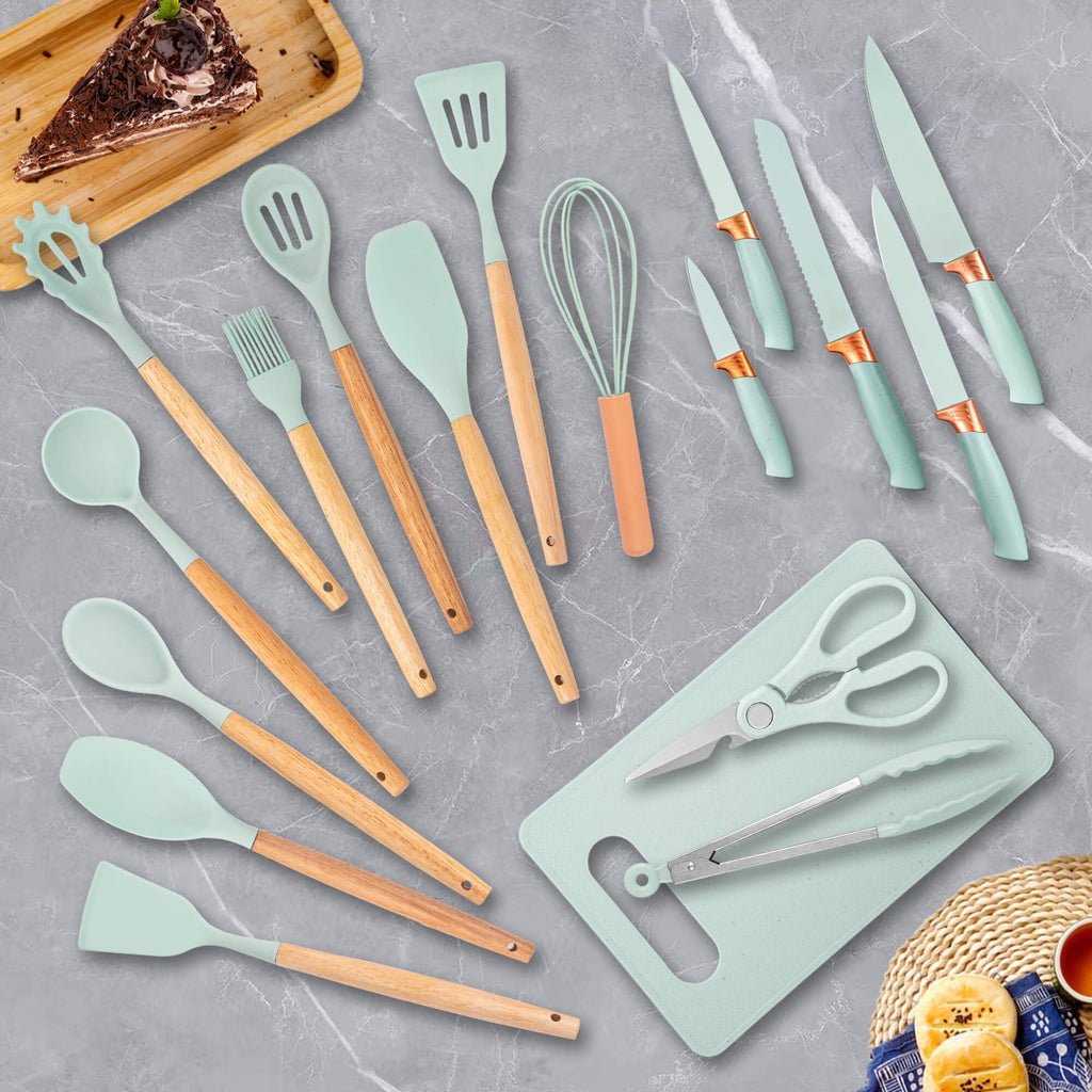 19pcs Silicone Kitchen Utensil Set, Heat-Resistant Non-Stick Easy Cooking Cleaning Home Light-Green