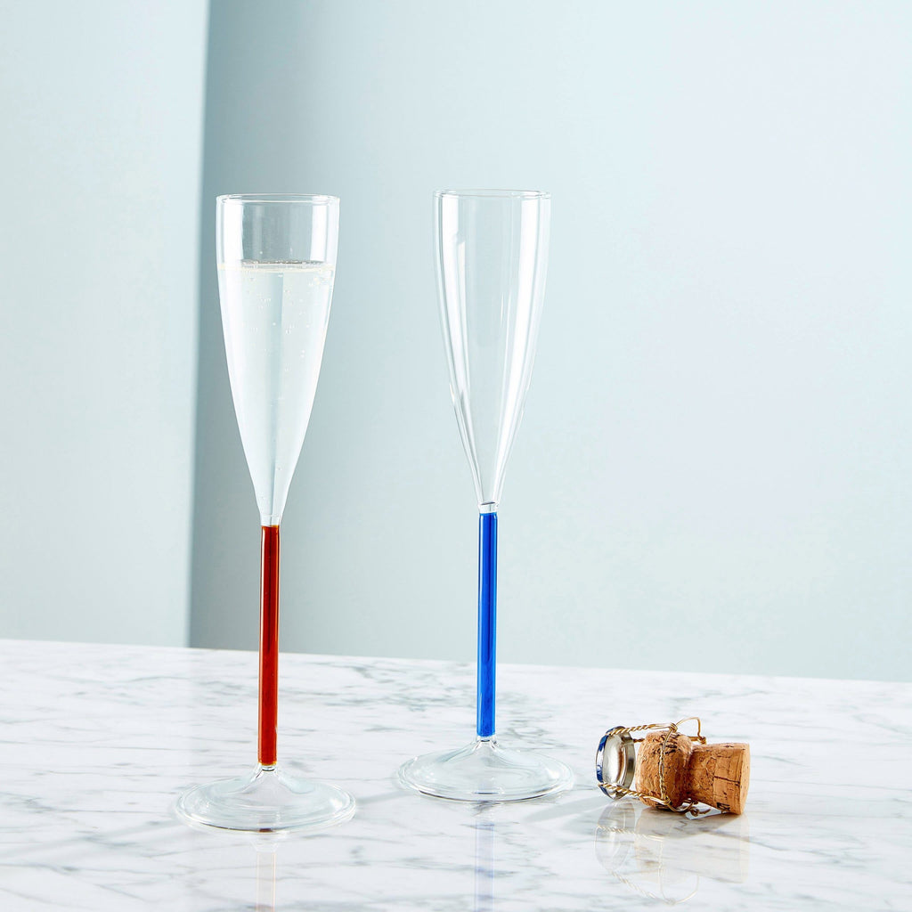 Color Accent Champagne Glasses Set - Blue/ Red Orange