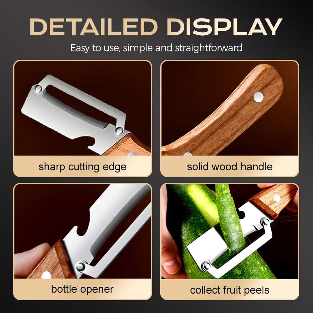 Vegetable Peeler Stainless Steel Blade Wooden Handle Bottle Opener, Fruit Potato Carrot Apple Peeling Tool Sharp Dura...