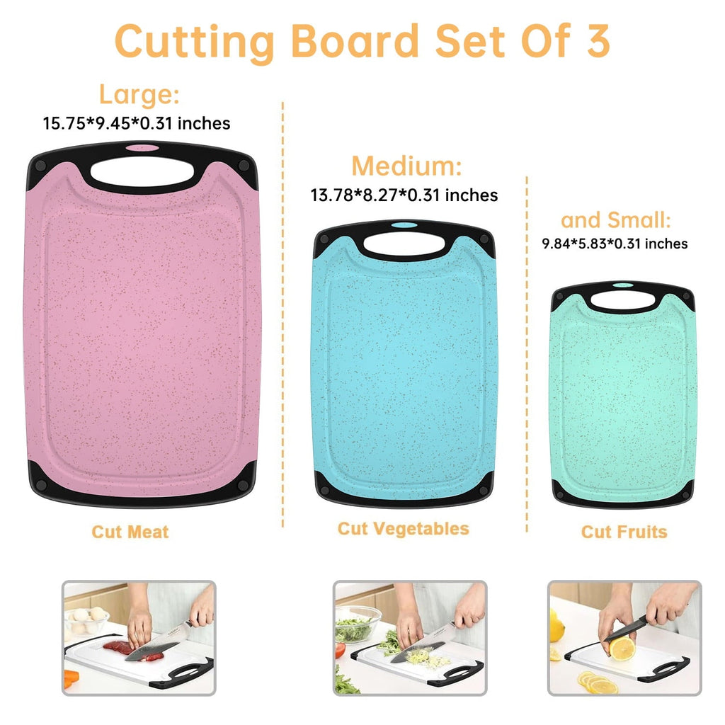 3-Piece Plastic Cutting Board Set, Durable Cutting Boards for Kitchen with Non Slip Handles and Juice Groove, Id...
