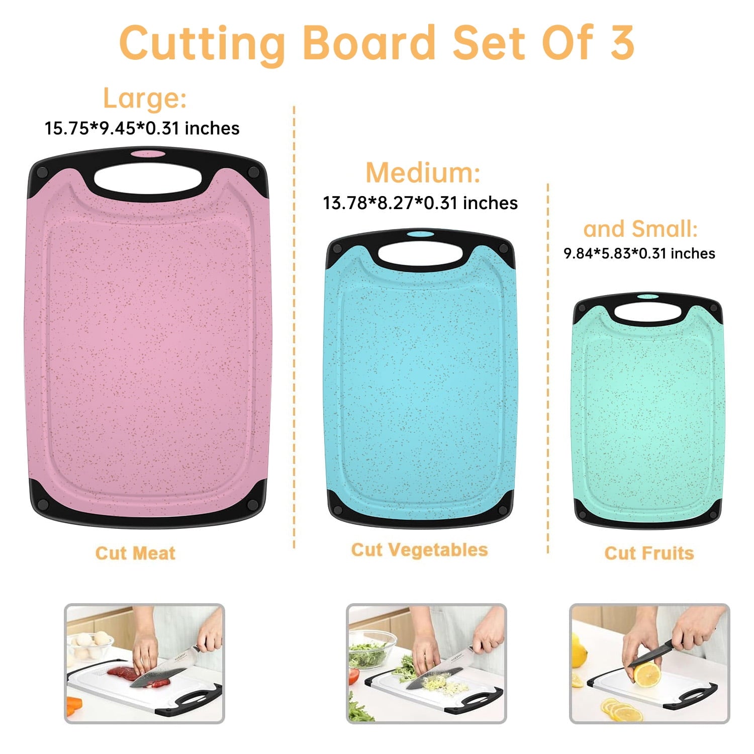 3-Piece Plastic Cutting Board Set, Durable Cutting Boards for Kitchen with Non Slip Handles and Juice Groove, Id...