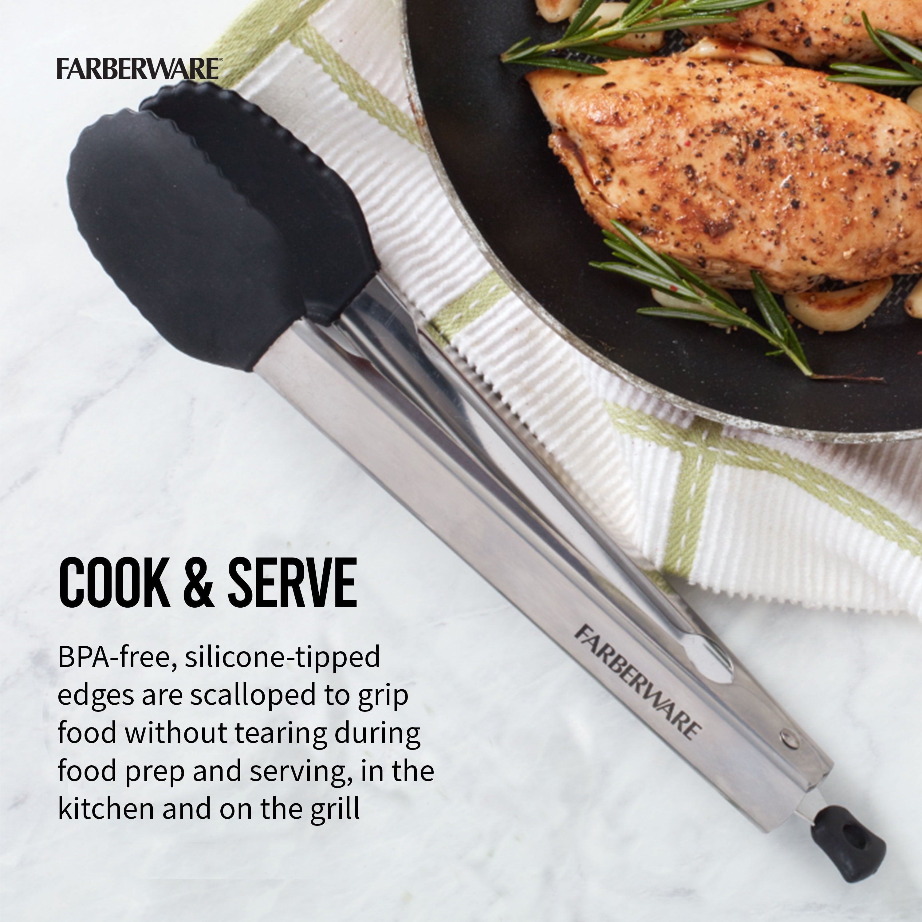 11-inch Silicone Tip Locking Food Tongs in Black and Stainless Steel