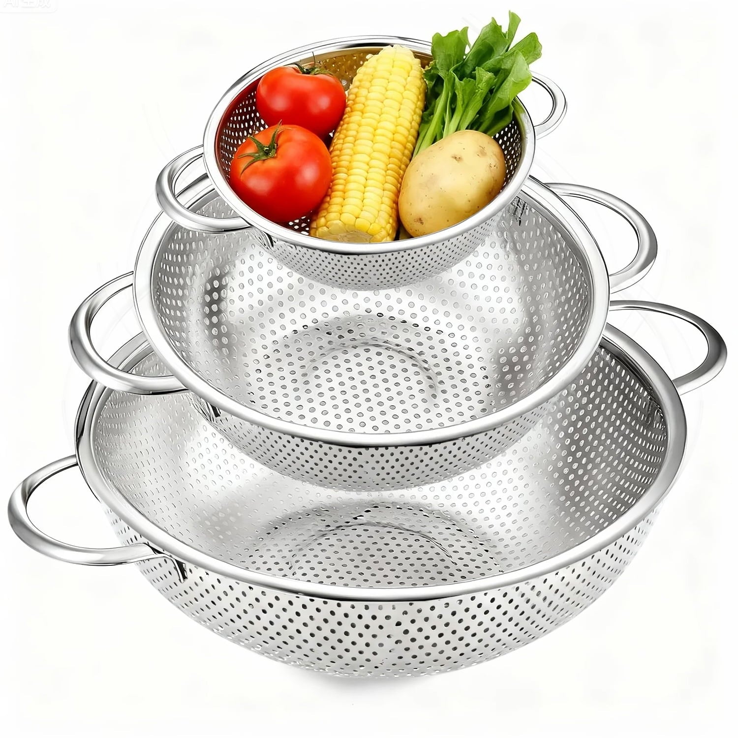 Colander Set of 3, Stainless Steel Micro-Perforated Colanders Strainers for Draining Rinsing Washing, Ideal for Pasta...