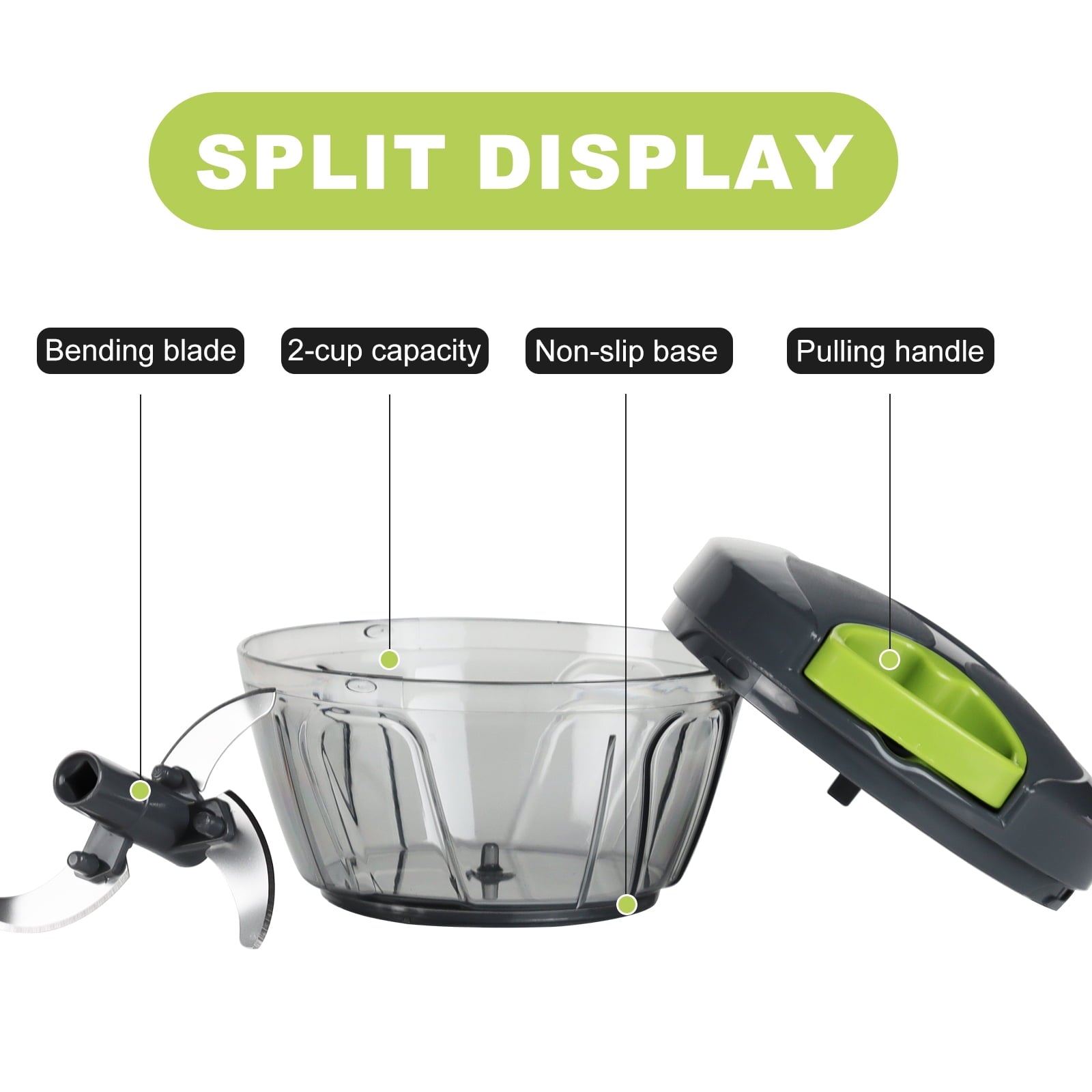 Vegetable Chopper Manual Food Processor with Pull Cord, 500 ml Hand-Powered Kitchen Cutter for Garlic, Onion, Veggies...