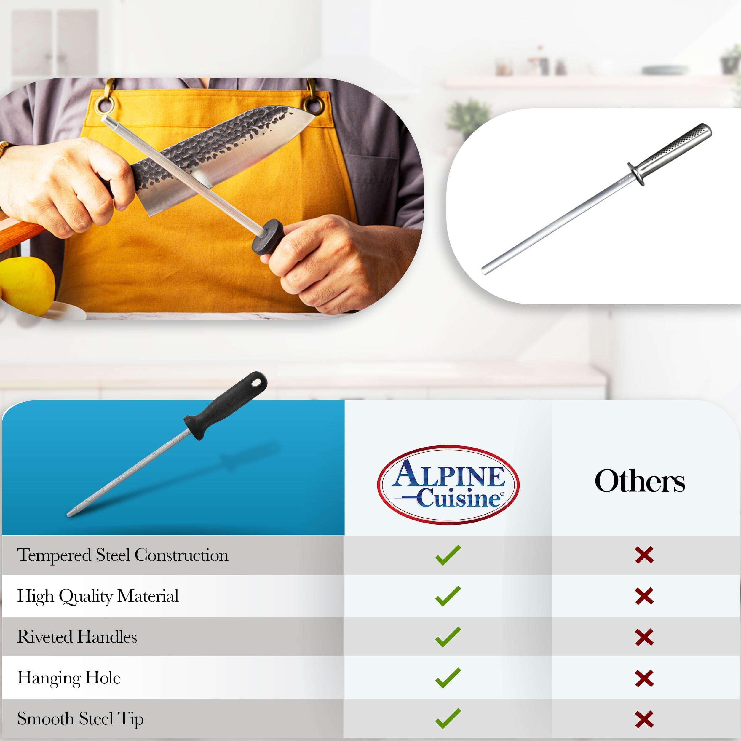 Tempered Steel Knife Sharpener 8 Inch with Ergonomic Handle, Professional Knife Sharpening Rod Sturdy & Durable, Suit...