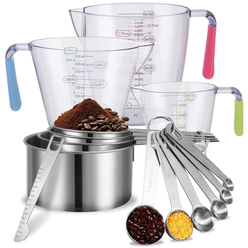 14-Piece Measuring Cups and Spoons Set, Nesting Stainless Steel Measuring Cups Spoons with Plastic Measuring Cup for ...
