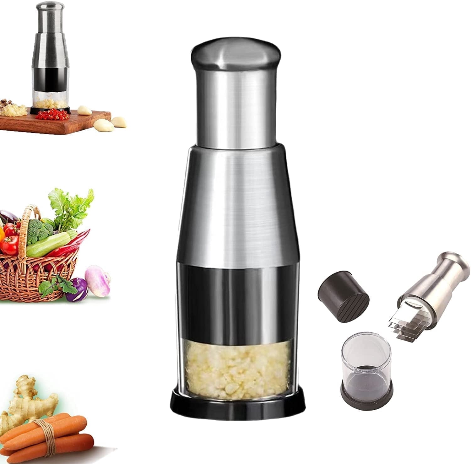 Stainless Steel Garlic Chopper Onion Press Manual Vegetable Chopper Easy Clean Silver Knives
