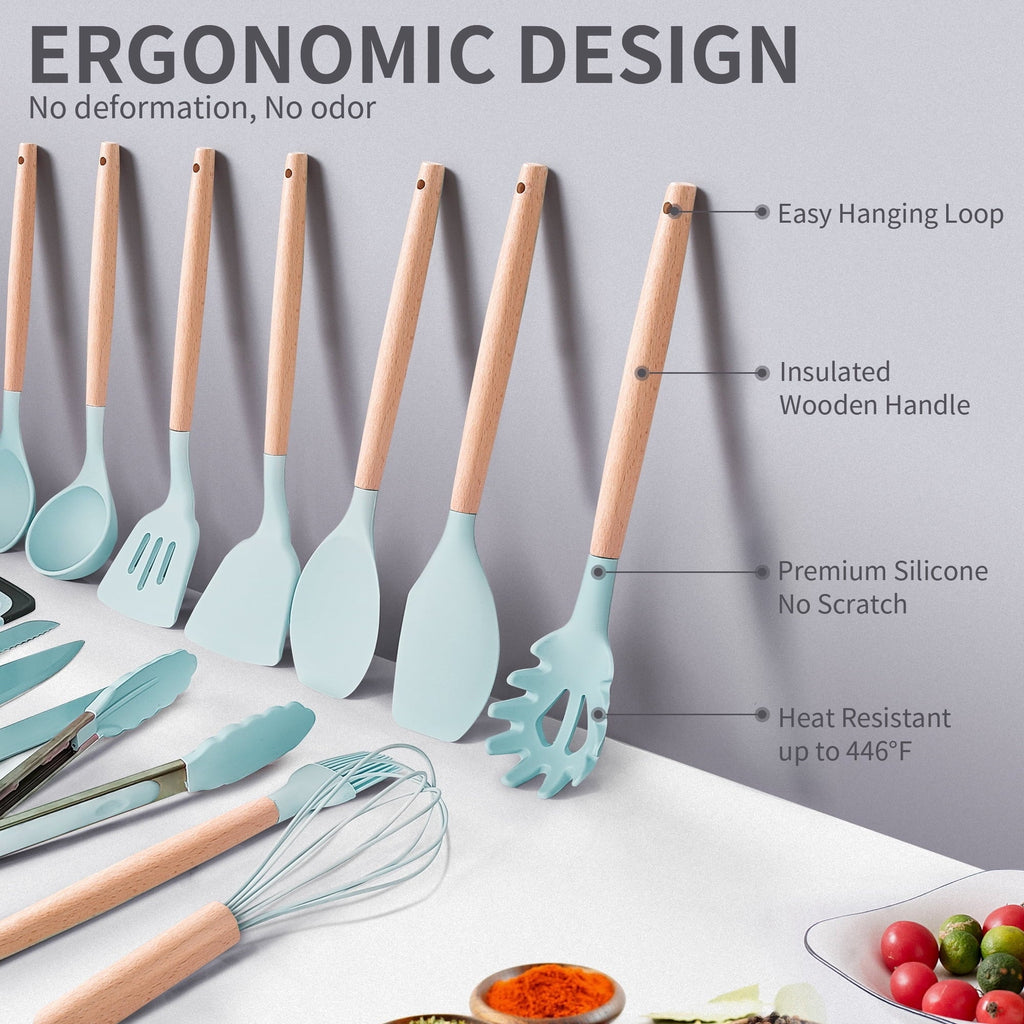 Silicone Kitchen Cooking Utensils Set, 19 Pieces Utensil with Holder, Heat Resistant, Green