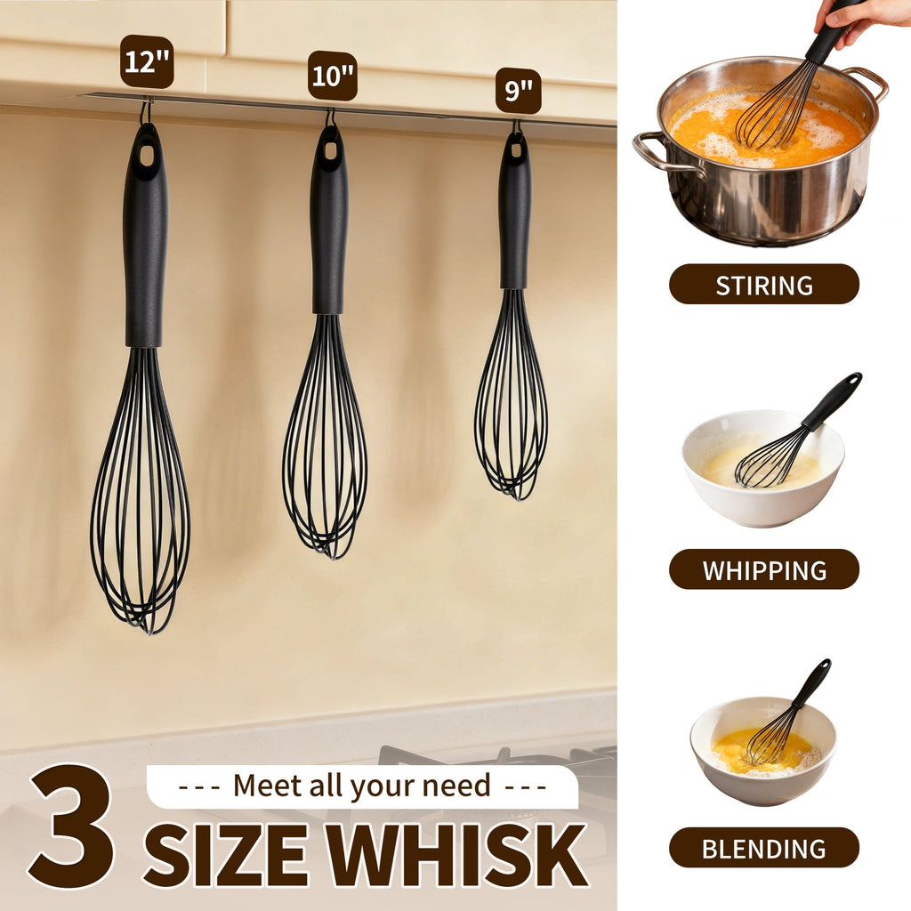 Silicone Wire Whisk, Egg Beater Set of 3, Non Scratch Stainless Steel Kitchen Whisks for Cooking, Blending, Beating, ...