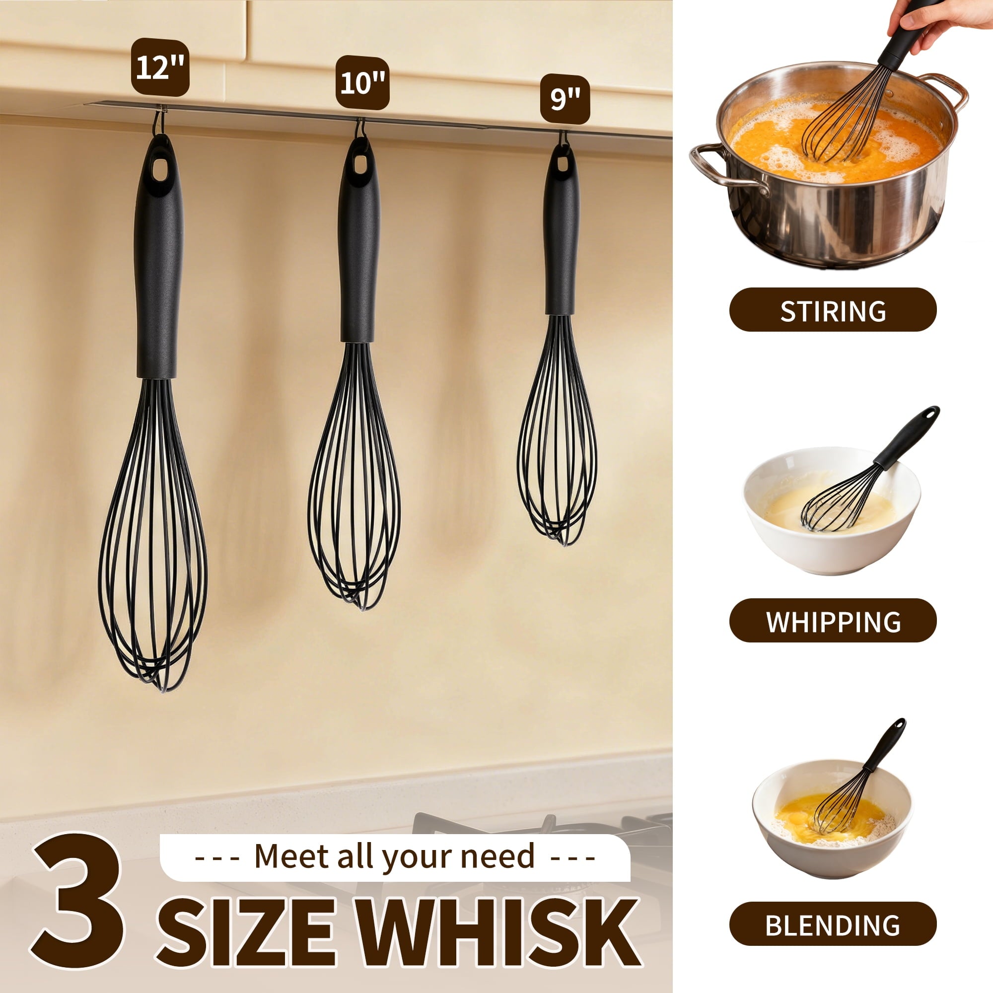 Silicone Wire Whisk, Egg Beater Set of 3, Non Scratch Stainless Steel Kitchen Whisks for Cooking, Blending, Beating, ...
