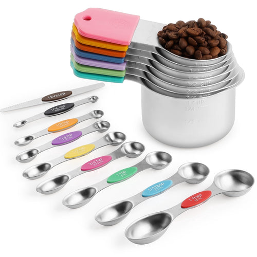 16 Piece Magnetic Measuring Cups and Spoons Set, Stainless Steel Nesting Metal Measuring Cups Set with Leve...