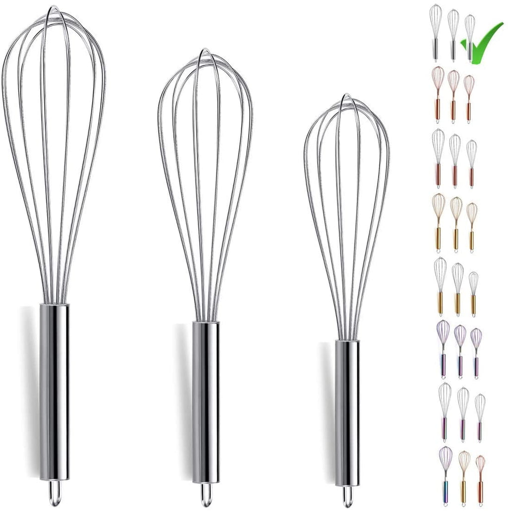 Whisk Set Pack of 3 Stainless Steel 8" 10" 12" Whisks for Cooking, Beater, Kitchen Wire Wisk