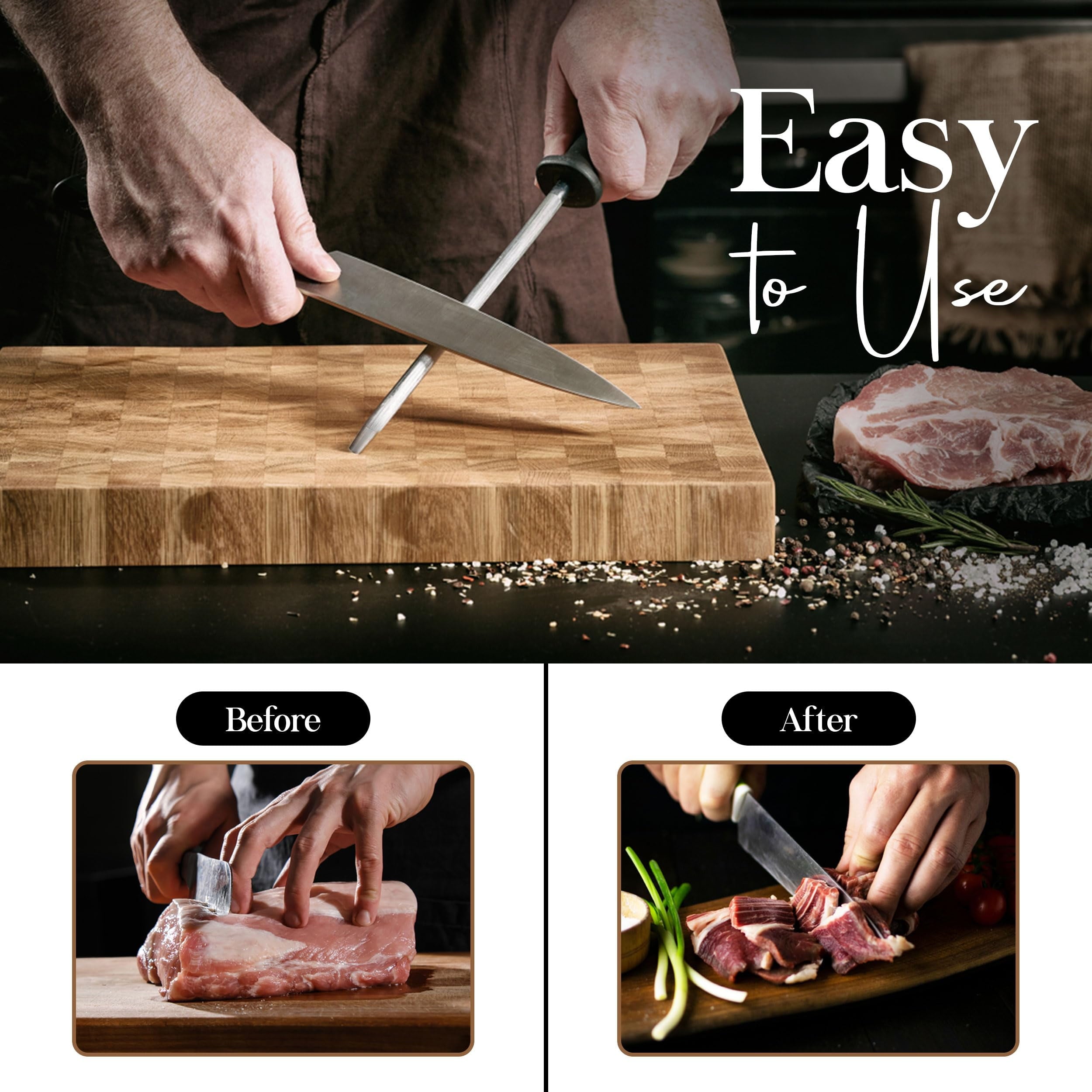 Tempered Steel Knife Sharpener 8 Inch with Ergonomic Handle, Professional Knife Sharpening Rod Sturdy & Durable, Suit...