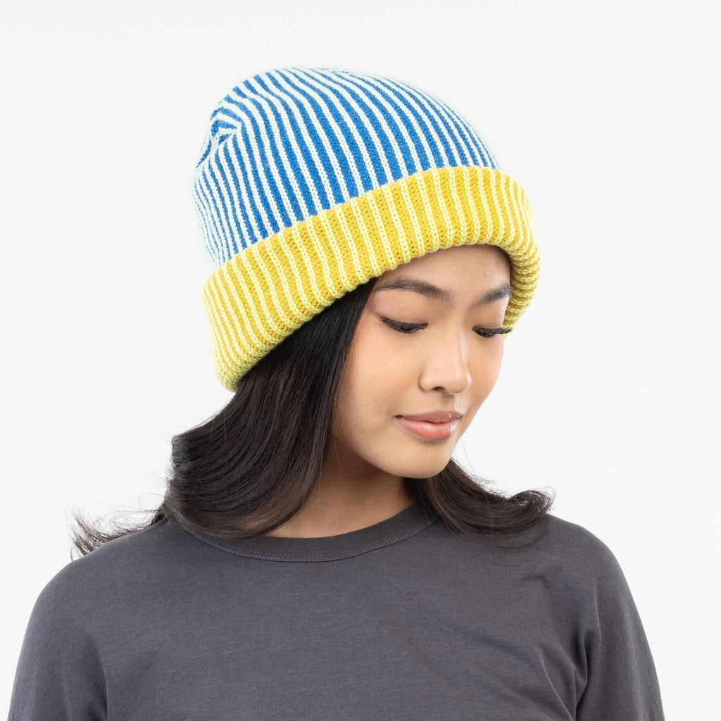 Verloop Pinstripe Plush Beanie - Golden Olive Cobalt