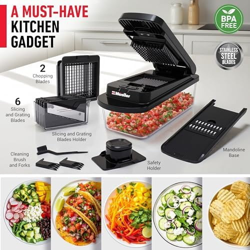 10-in-1, 8 Blade Vegetable Chopper, Mandoline Slicer, Onion Mincer, Cutter, Dicer, Veggie Chopper with Con...