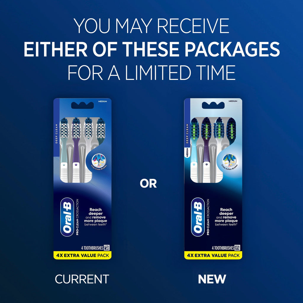 Toothbrush, Pro Clean Cross Action, Deep Plaque Removal, Medium, 4 Count