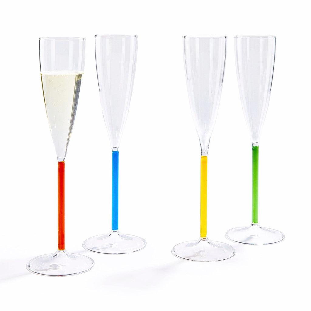 Color Accent Champagne Glasses Set - Blue/ Red Orange