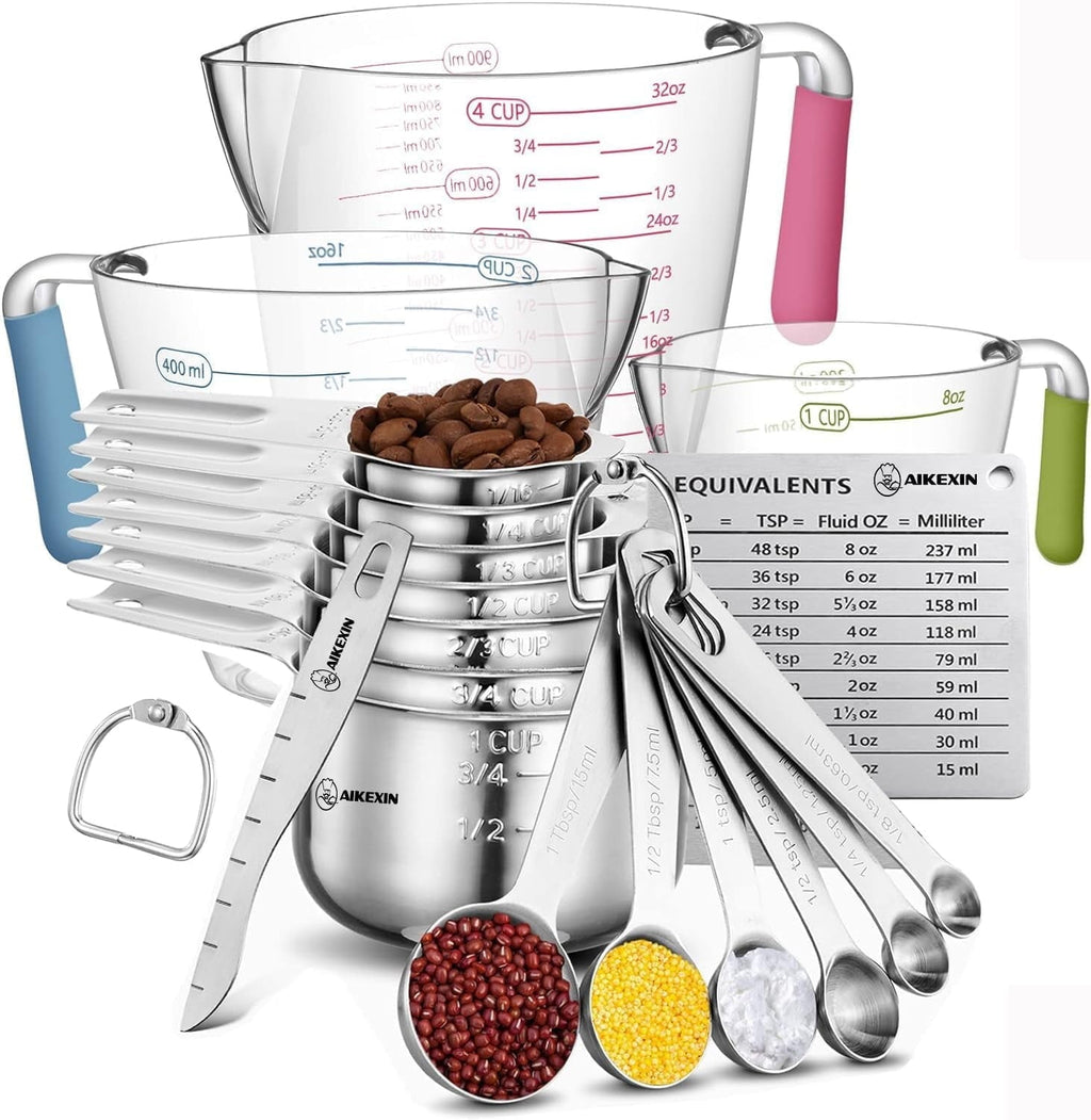 16-Piece Measuring Cups and Spoons Set, Nesting Stainless Steel Measuring Cups Spoons with 3 Plastic Measuring Cup 3 ...
