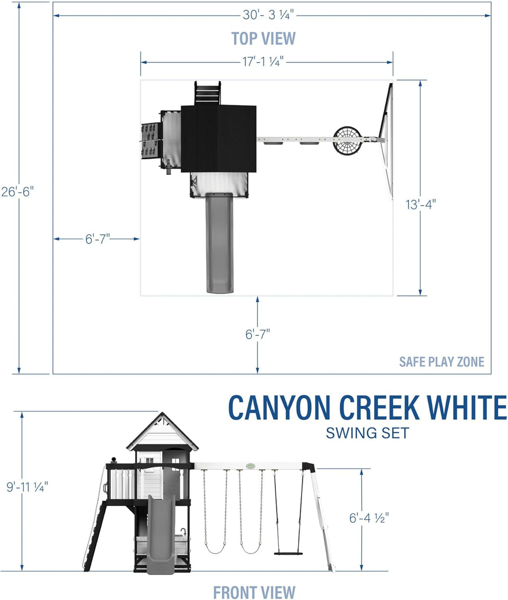 Canyon Creek Cedar Wood Swing Set with Wave Slide, Clubhouse, Play Kitchen, Picnic Area, Belt Swings, Web Swing, Rock Wall, Balconies, Playhouse, Step Ladder, Outdoor Playset