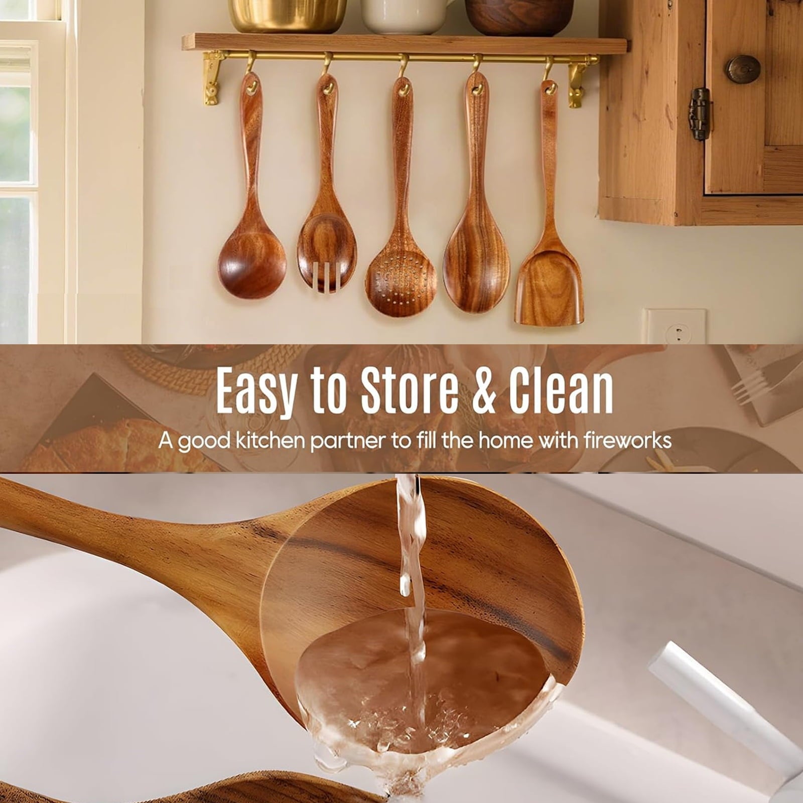 Wooden Spoons for Cooking, 8 Pcs Natural Teak Wooden Utensils Set, Non-Stick & Heat Resistant Durable Wood ...
