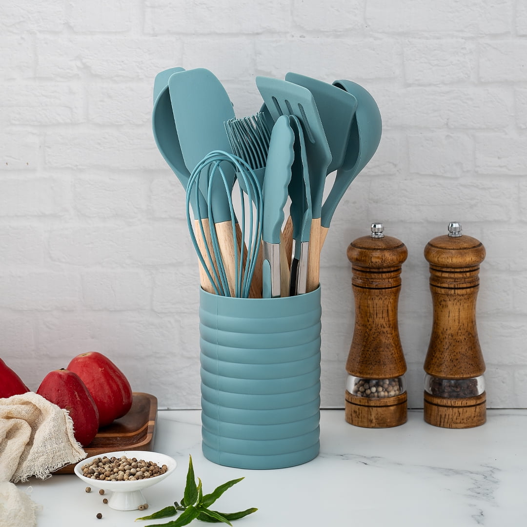 Small Silicone Cooking Utensils with Holder Set (12Pack), Aqua Kitchen Tools with Wooden Handle for Nonstick...