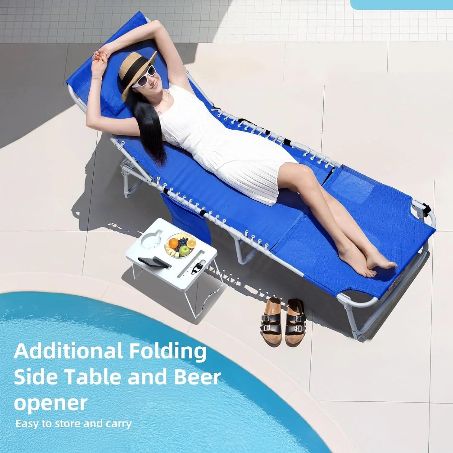 3-in-1 Outdoor Sun Tanning Lounge Chair with Face Hole 5-Position Recliner, Folding Side Table &amp; Removable Pillow, 330lbs Capacity, Blue