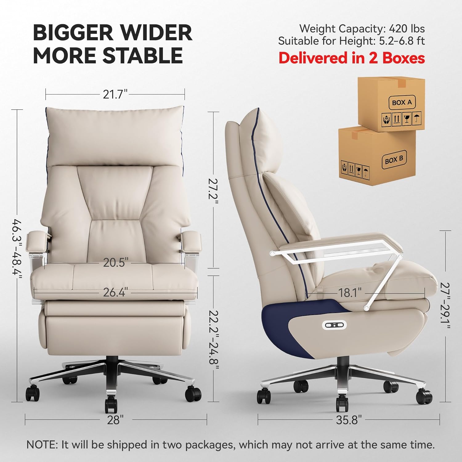 M80 Dual Motor Executive Office Chair with Footrest, Big &amp; Tall, 420lbs, Beige