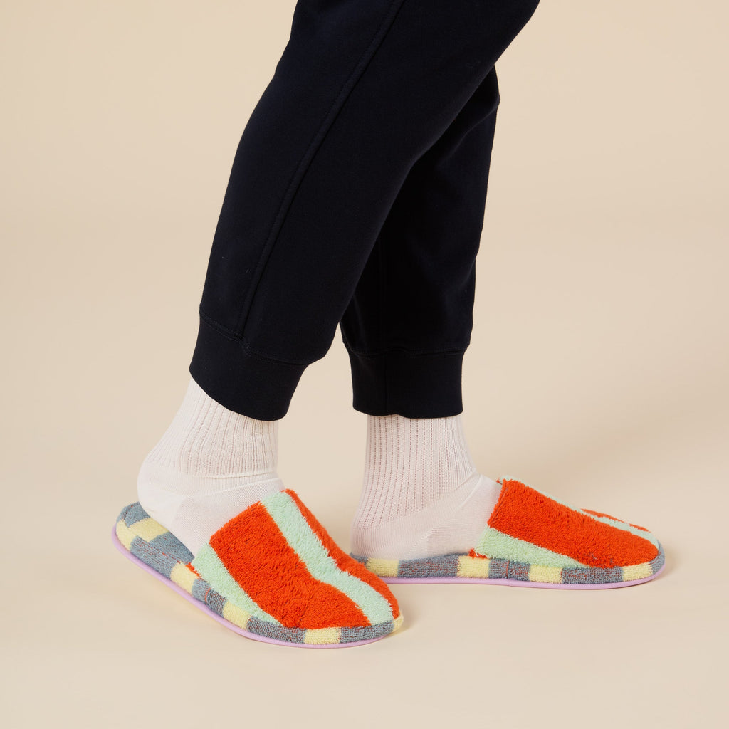 Dusen Dusen Striped Terry Slippers - Orange/ Slate Gray