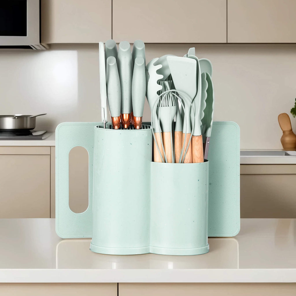 19pcs Silicone Kitchen Utensil Set, Heat-Resistant Non-Stick Easy Cooking Cleaning Home Light-Green