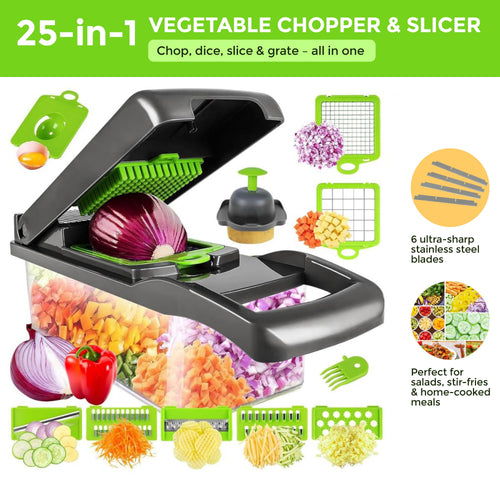 13-in-1 Vegetable Chopper & Slicer - Multifunctional Onion Chopper with 8 Blades, Colander Basket & Container | Mini ...