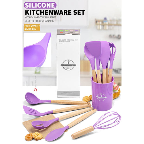 12Pcs Cooking Kitchen Utensils Set with Holder,Wooden Handles Cooking Tool,BPA Free,Non Toxic Turner Tongs Spa...