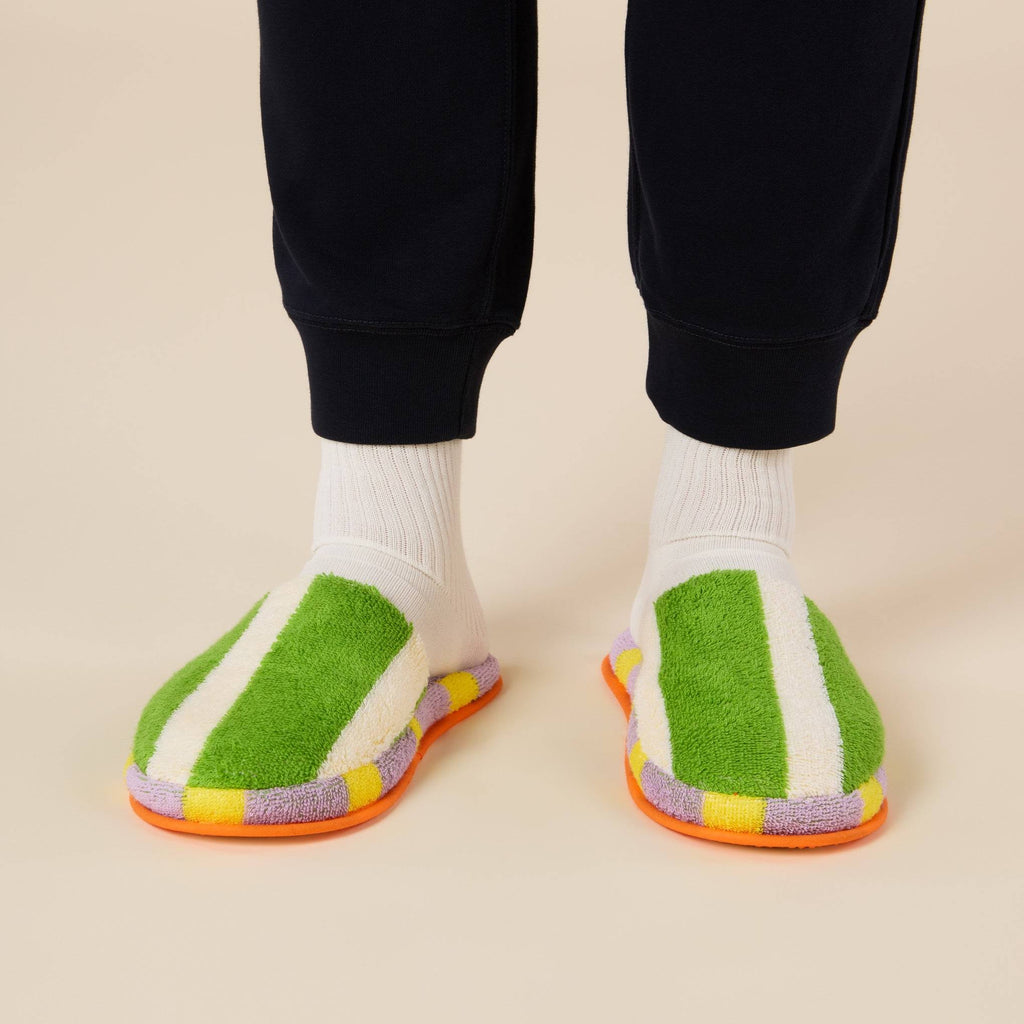 Dusen Dusen Striped Terry Slippers - Green/ Lavender