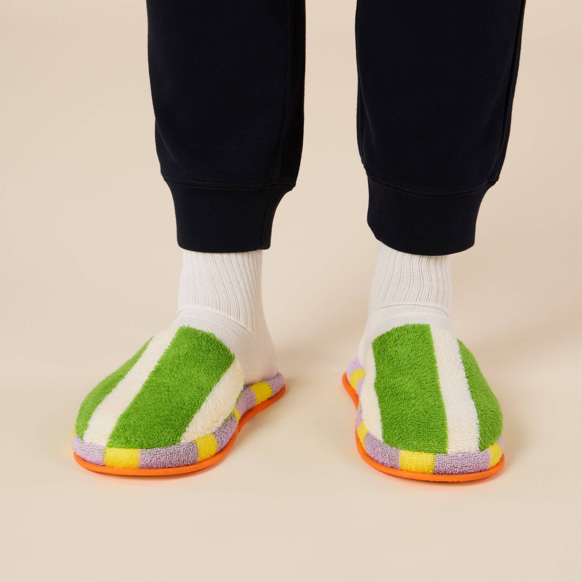 Dusen Dusen Striped Terry Slippers - Green/ Lavender