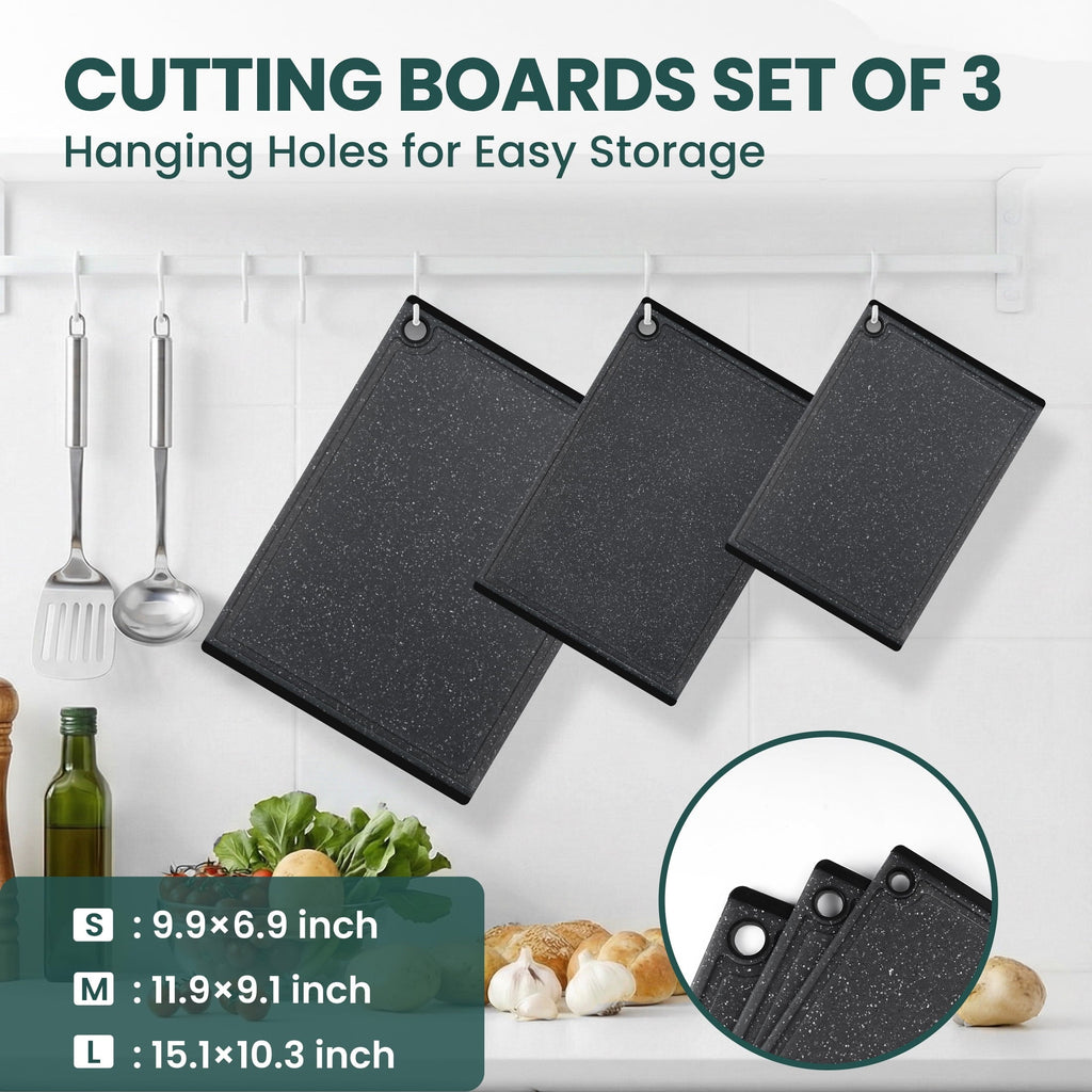 3-Piece Plastic Large Cutting Boards Set for Kitchen, Chopping Board with Non-slip Feet and Juice Grooves