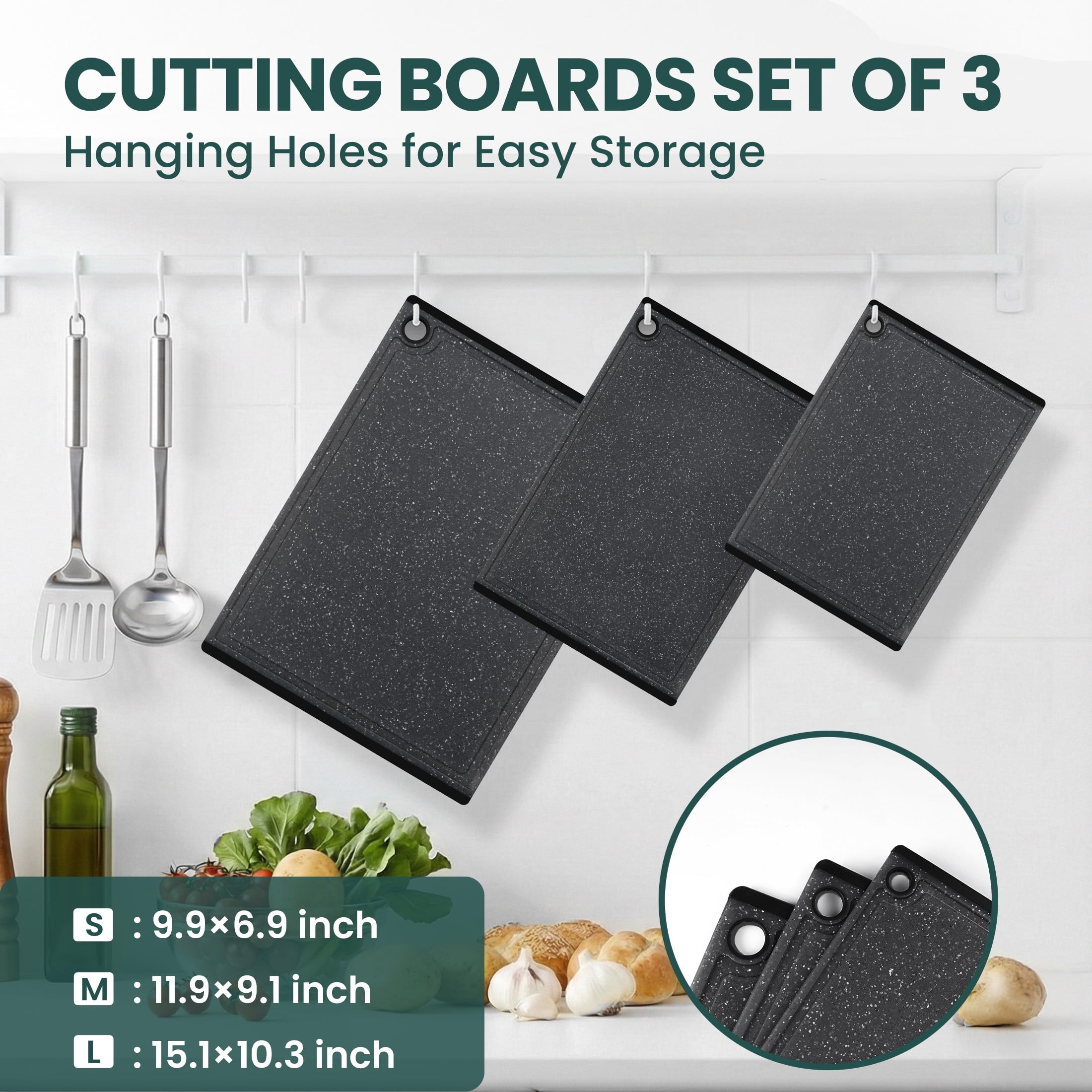 3-Piece Plastic Large Cutting Boards Set for Kitchen, Chopping Board with Non-slip Feet and Juice Grooves