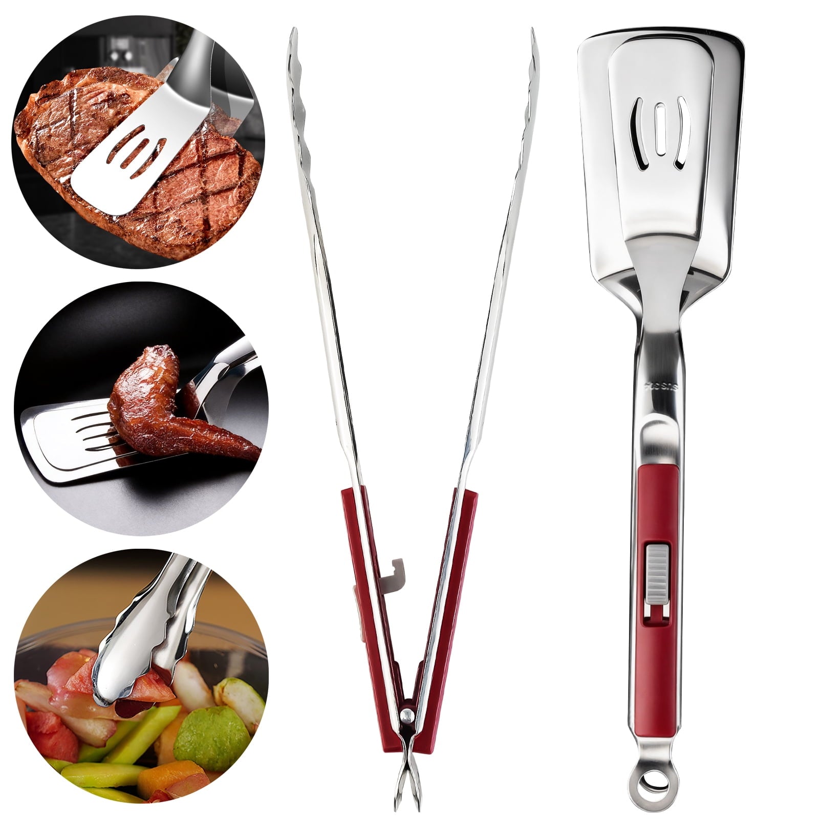 Tongs, Stainless Steel Spatula Tongs for Cooking, Grilling, Salad, 2 Pcs Turner Tong Set, 12"(Red)