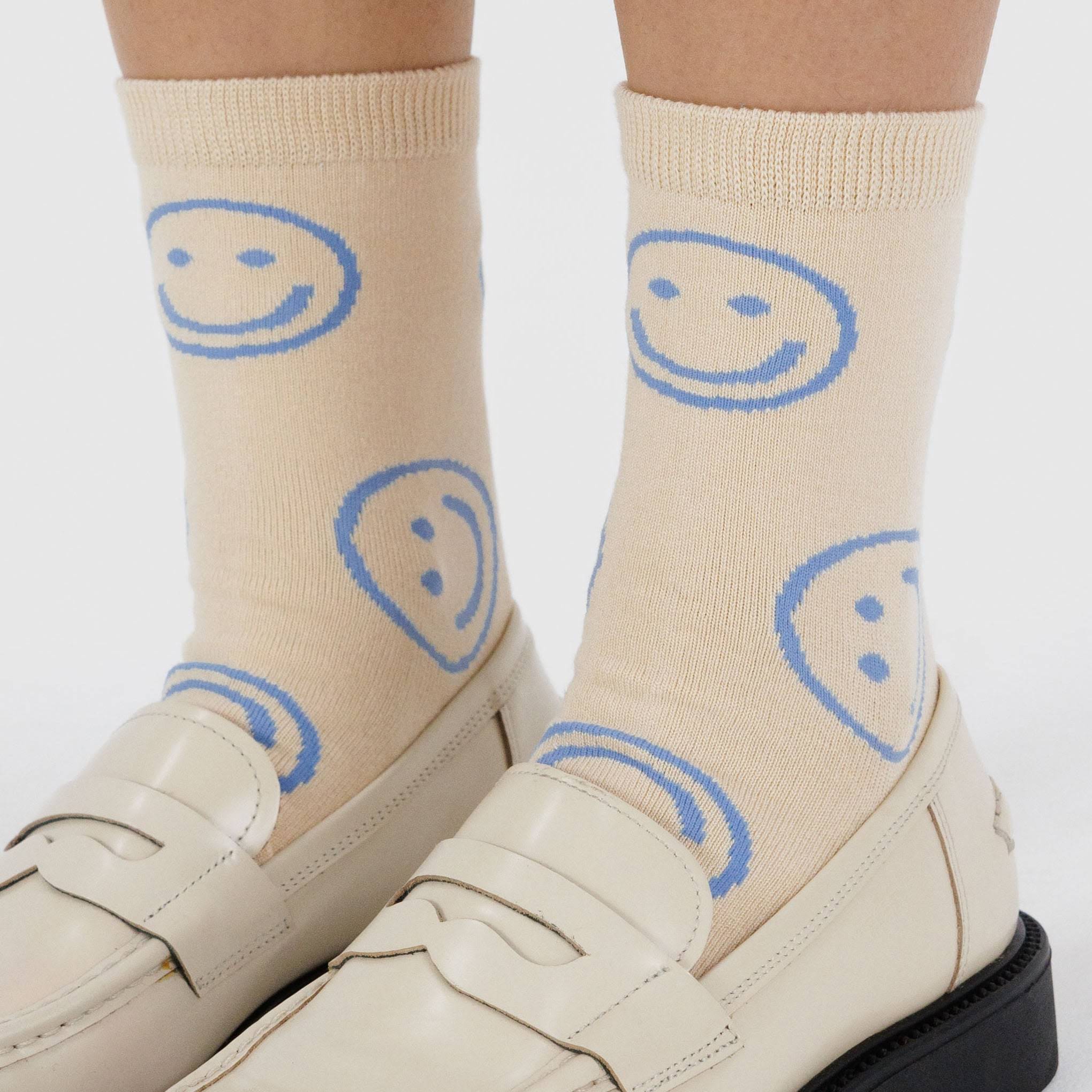 Baggu Crew Socks - Ecru Periwinkle Happy
