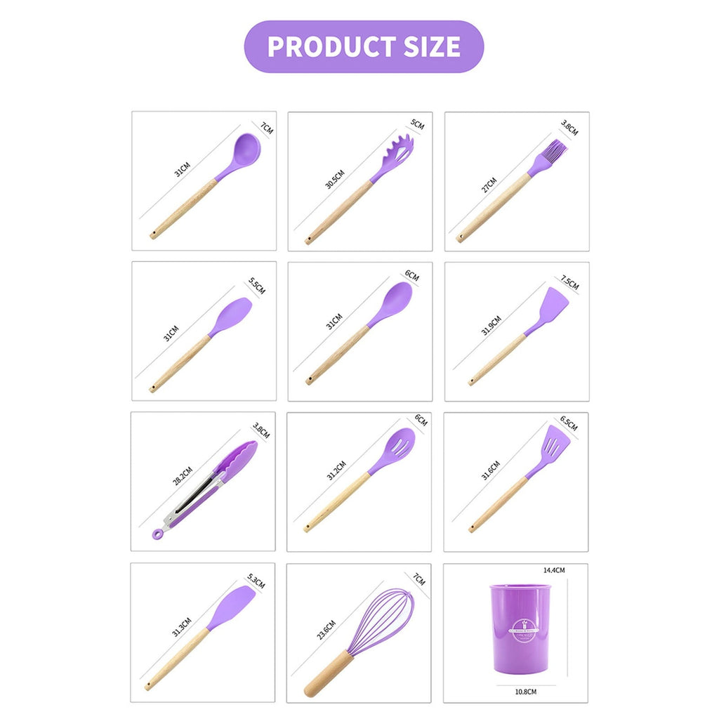 12Pcs Cooking Kitchen Utensils Set with Holder,Wooden Handles Cooking Tool,BPA Free,Non Toxic Turner Tongs Spa...