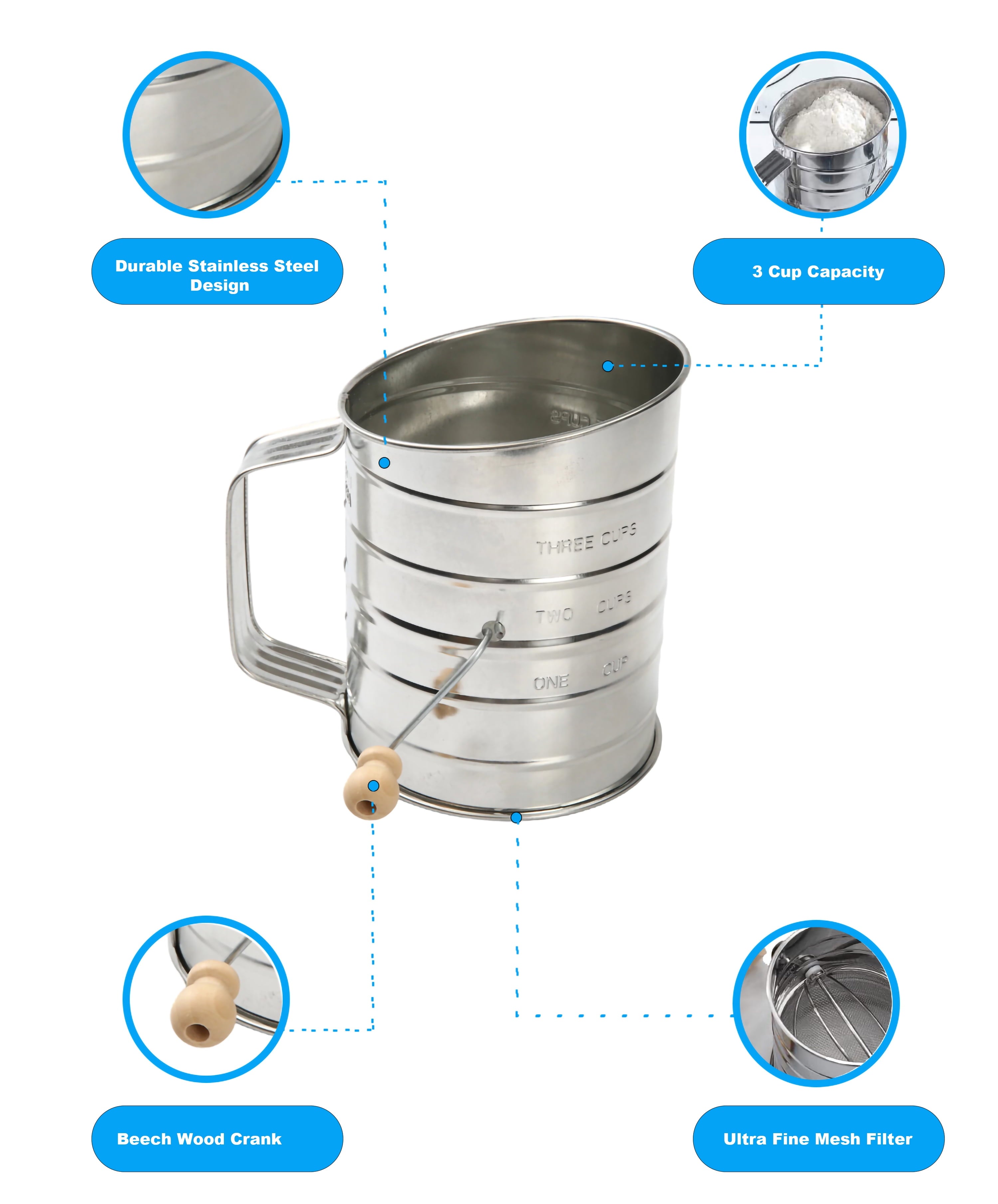 Stainless Steel 3 Cup Flour Hand-Crank Sifter with Beechwood Handle Silver