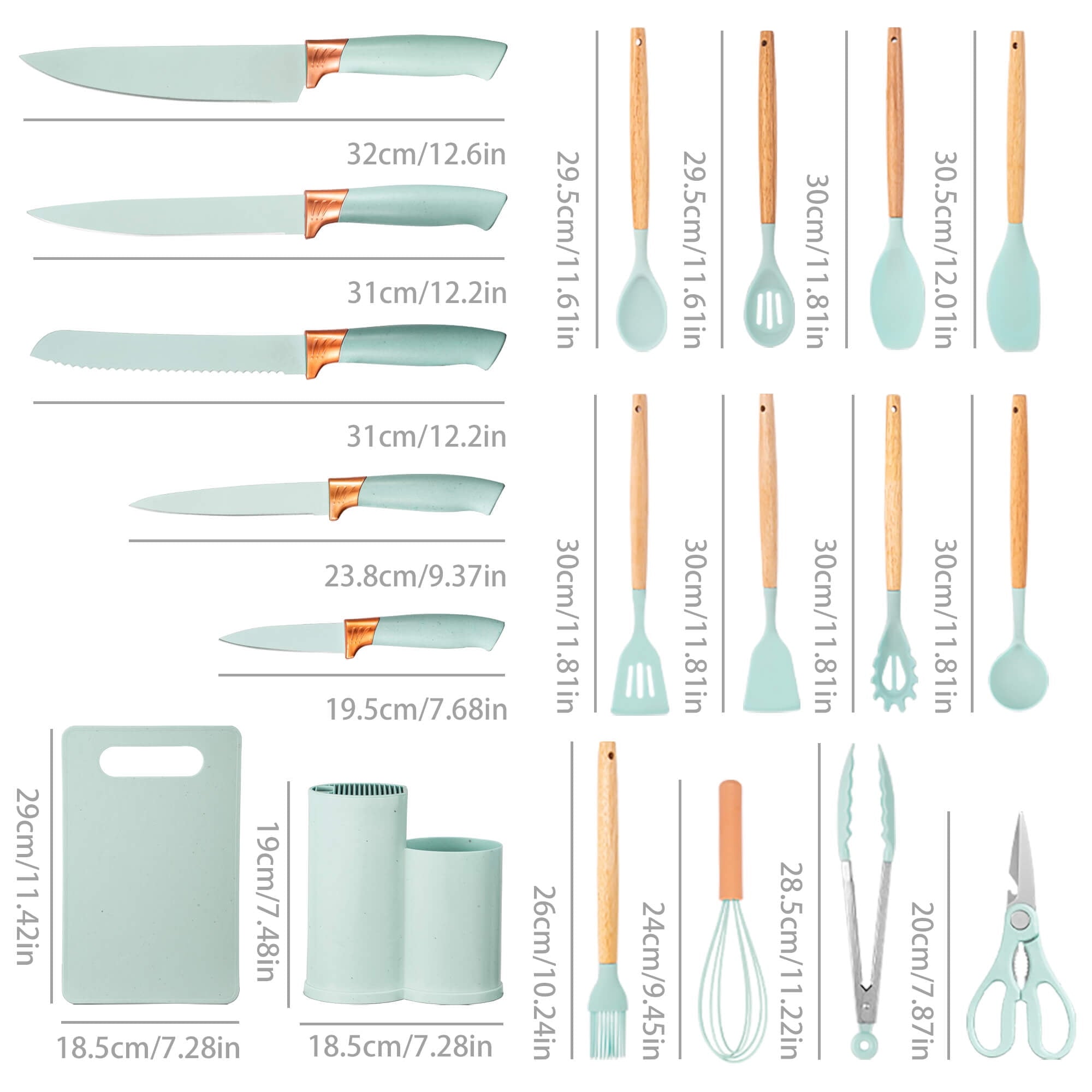 19pcs Silicone Kitchen Utensil Set, Heat-Resistant Non-Stick Easy Cooking Cleaning Home Light-Green
