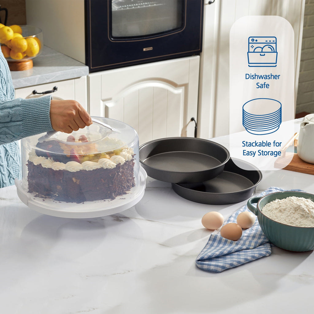 12 inch Clear Cake Carrier with 2pk 9 inch Gray Round Pans, Carbon Steel