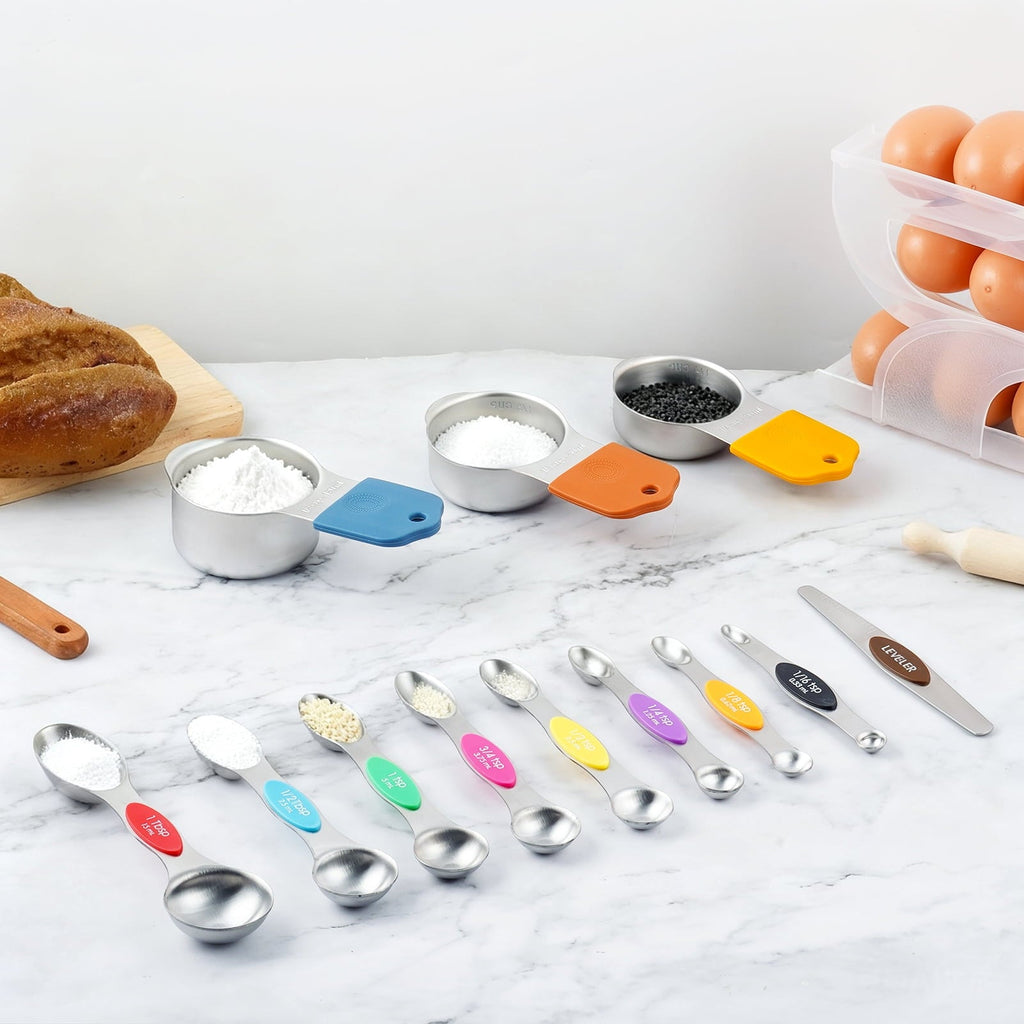 16 Piece Magnetic Measuring Cups and Spoons Set, Stainless Steel Nesting Metal Measuring Cups Set with Leve...