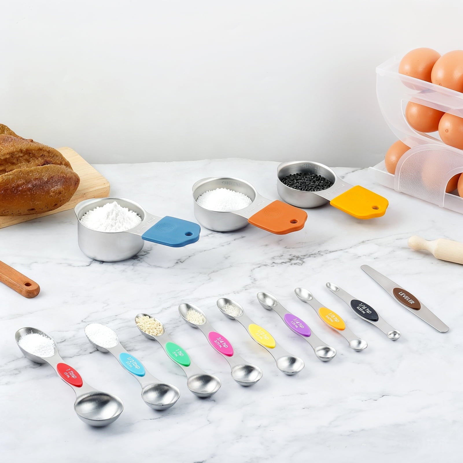 16 Piece Magnetic Measuring Cups and Spoons Set, Stainless Steel Nesting Metal Measuring Cups Set with Leve...