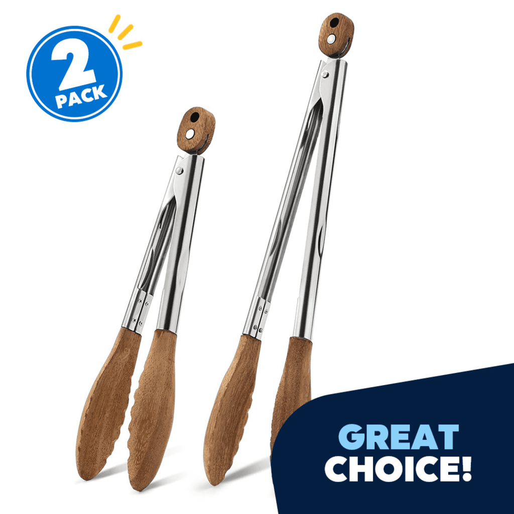 Wood Kitchen Tongs Set Stainless Steel with Acacia Wood Tips, 2-Pack (9 & 12) Heat Resistant up to 600F, Non-Scr...