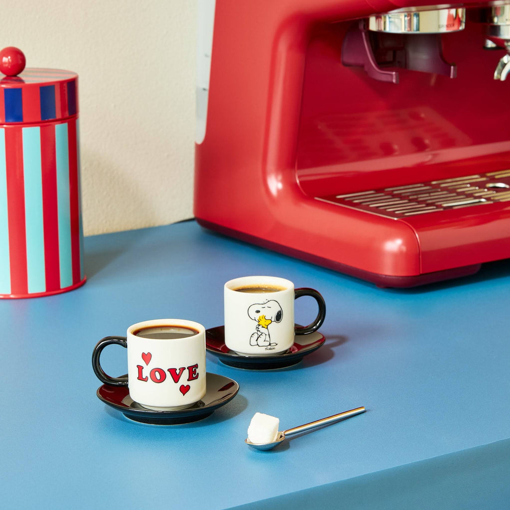 Snoopy Love Stacking Stoneware Espresso Cups &amp; Saucers - Set of 2