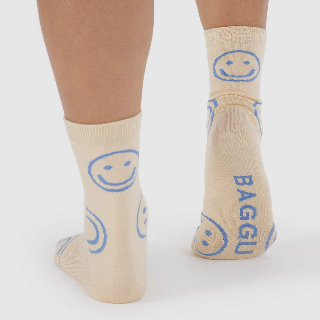 Baggu Crew Socks - Ecru Periwinkle Happy